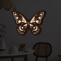 Décoration murale en bois gravé style bohème nordique Nicro, motif chat, lune, papillon, avec lumière LED nocturne