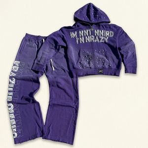 Conjuntos de Sudadera con Capucha y Pantalones de Chándal para Hombre, Personalizados al por Mayor, de Algodón Grueso con Forro Polar, Lavado Ácido, Estilo Vintage, con Pedrería y Efecto Desgastado por el Sol, de Pierna Acampanada - Product Image 1