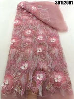 Nouvelle Tendance Philippines : Tissu en Dentelle 3D Fleurs Rose Pâle avec Perles pour Robe de Mariée, Dentelle Perlée et Paillettes en Maille pour Fête