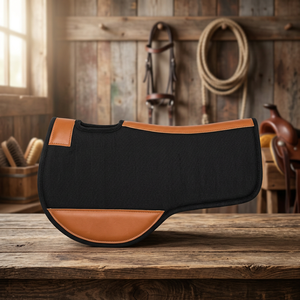 Tapis de selle western polyvalent noir avec garniture en cuir brun, doublure en polycoton et rembourrage en laine pour l'équitation - Product Image 2