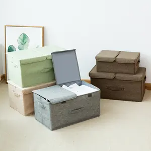 Caja de almacenamiento de tela de doble celosía de lino y algodón lavable plegable con tablero de plástico PP
