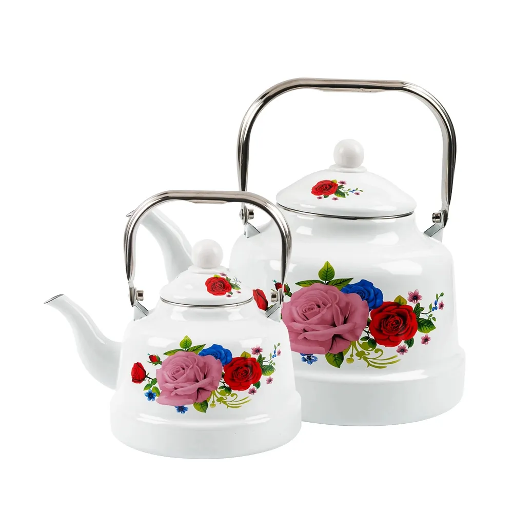 FREE SAMPLE Rose Flowers Enamel Old Clocks Shape Kettle Juice Coffee Pot