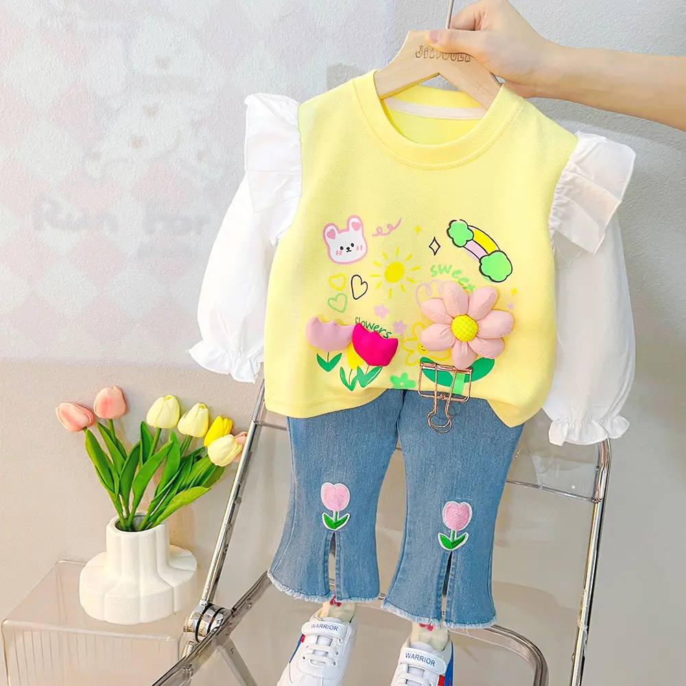 2024 Spring New Children's Long sleeved Set Two Piece Girls' Pants Clothing 1-5 Years Old