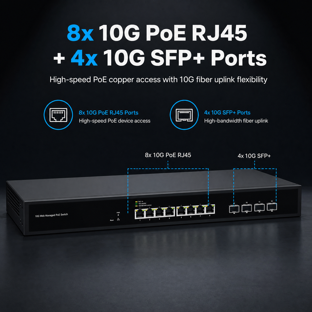 PoE + + Web Managed Network Switch 8 10G RJ45 4 10M 100M 1000M 2.5G 10G SFP+ Af at Bt for WIFI7 AP