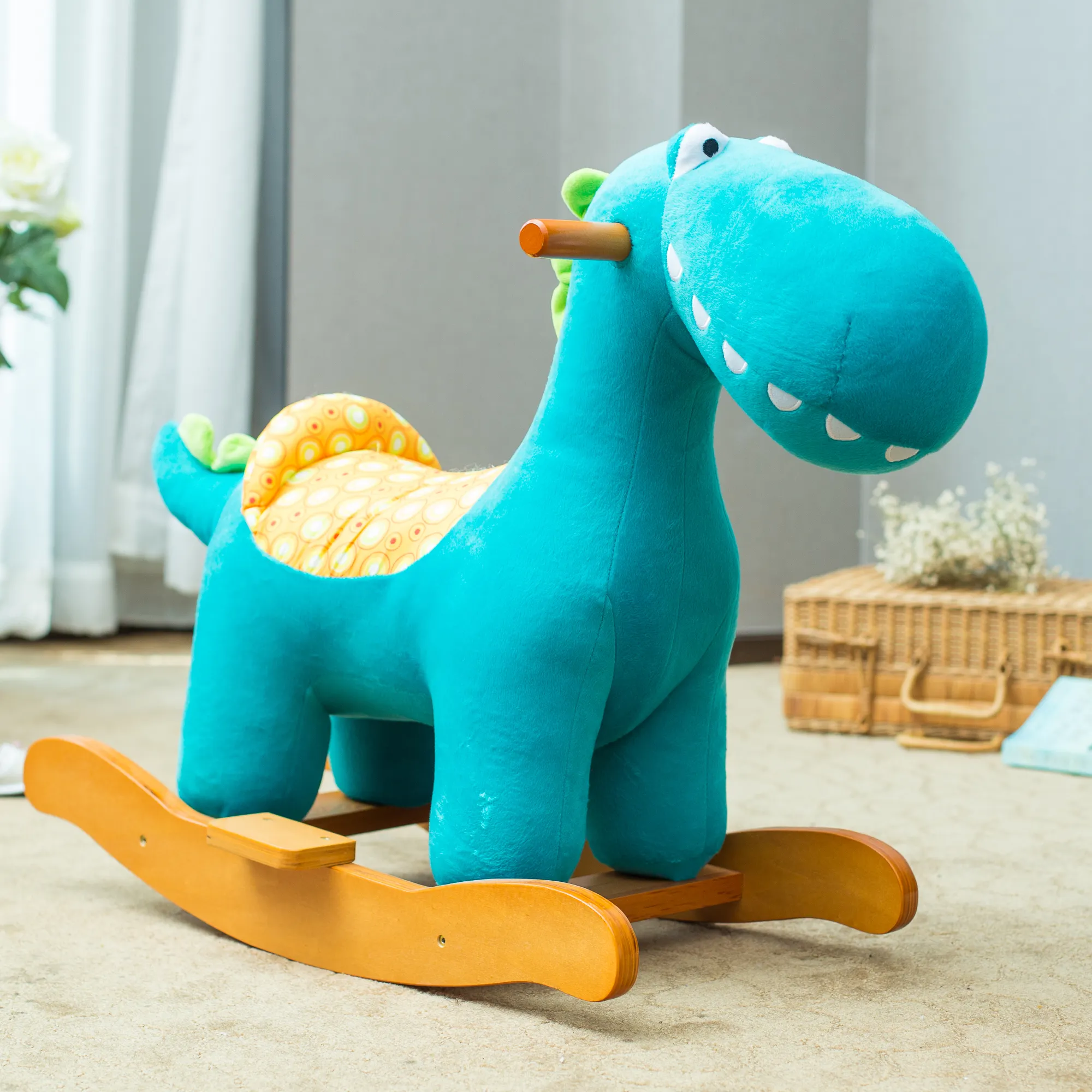 Mainan boneka mewah anak-anak harga pabrik mainan dinosaurus besar naik mainan hewan biru kursi kuda goyang untuk bayi