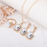 Ensemble de bijoux de luxe en pierres précieuses carrées colorées pour femmes, collier plaqué or, boucles d'oreilles, bague, 3 pièces, bijoux de mariage, cadeau