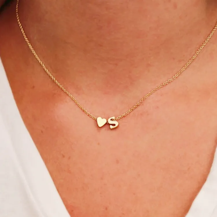 Fashion Jewelry Gift Gold Silver Plated Stainless Steel Tiny Heart Pendant Dainty Letter Name Choker Initial Necklace For Women