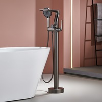 Robinet de baignoire sur pied monocommande chaud/froid en laiton chromé avec douchette à main intégrée
