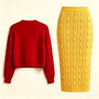 Ensemble coordonné en maille bicolore OEM pour femmes rondes : Cardigan court et jupe crayon assortie