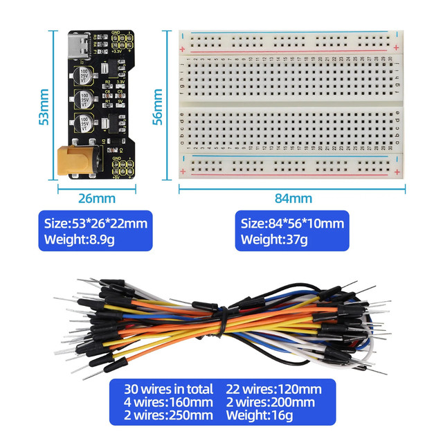 Type-C Power Supply Module+830/400 Holes Breadboard+Jumper Wires for Breadboard Projects DIY Electronic Kit