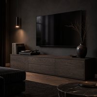 Konsol TV Midnight Nordic Veneer Kayu Oak Asap Kaki Miring Hitam Matte Pegangan Samping Tersembunyi OEM Grosir