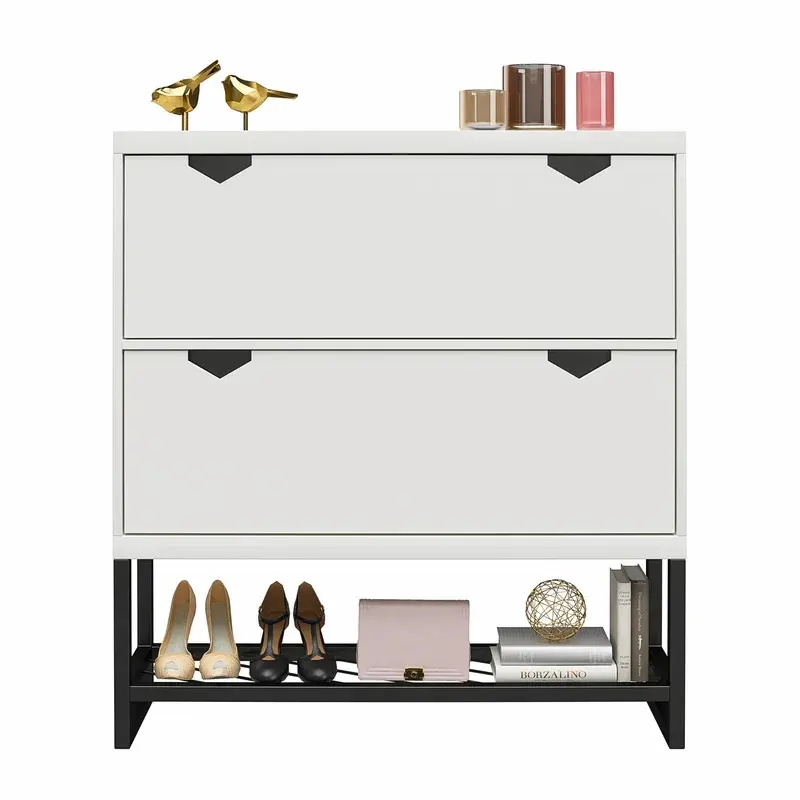 Factory Wooden White Shoe Storage Cabinet Unit Shoe Rack With shelf 2 Fold-out Shoe Cabinet Furniture