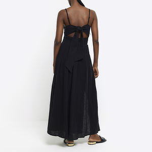 Venta al por mayor vestido de verano para mujer negro fruncido superior Swing Maxi vestido alto muslo hendidura Spaghetti Strap vestidos de fiesta - Product Image 3