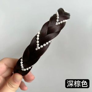 Diadema con peluca trenzada estilo espina de pescado y lazo de pelo con perlas para mujer, estilo lindo, material de alambre resistente a altas temperaturas - Product Image 4