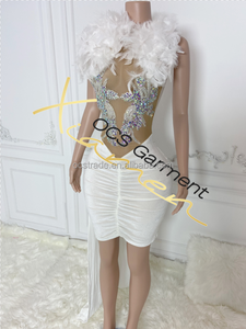 MF Stock Women Summer Sleeveless White Feather Crystal Empire Waist Mini Sexy Bodycon Breathable Jersey Club <b>Dress</b> Velvet - Product Image 4