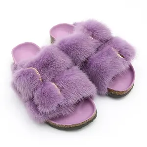 2021 High Quality Luxury Real Fashion Furry Mink Fur Slides Slippers For Women