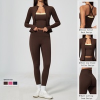 Ensembles 5 pièces pour femmes OEM ODM : Veste zippée à passe-doigt, Leggings taille haute effet push-up, Short cycliste, Brassière de sport, Ensemble de yoga croisé