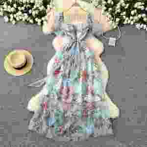 Vestido Midi de Primavera Estilo Hada con Estampado Digital Tejido, Corte A con Volantes, Cintura Imperio, Manga Corta, Morado para Mujer - Product Image 2