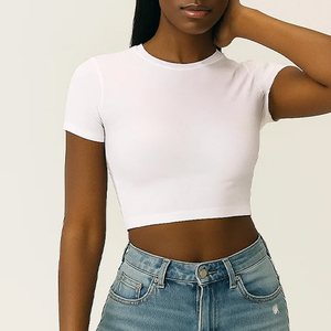 Toptan egzersiz bayanlar düz nefes kırpma üst T Shirt kırpılmış pamuk mahsul bayan t-shirt - Product Image 4