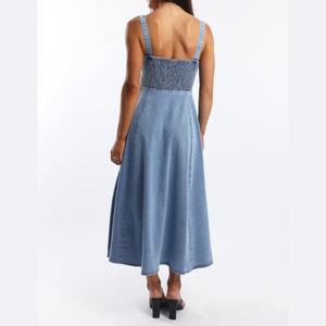 Nouvelle Robe en Jean Décontractée à Col Cœur, Buste Froncé, Dos Noué, Longueur Midi pour Femme - Product Image 3