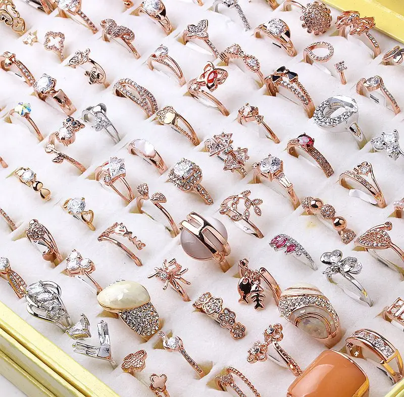 Trendy Zircon Finger Rings For Women Crystal Engagement 18k Gold Plated Non-fading Diamond Mixed Wholesale Bulk Ring