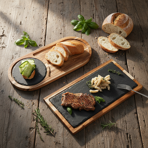 Bandeja Rectangular Personalizable de Madera Maciza de Acacia, Diseño Moderno, Ecológica, con Pizarra <span class=keywords><strong>Negra</strong></span>, para Comida <span class=keywords><strong>Occidental</strong></span>, Hoteles Japoneses - Product Image 4