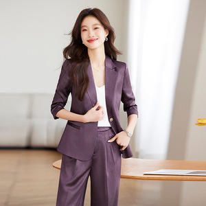 Women's Burgundy Suit <b>Set</b> Three Quarter Sleeve Satin Summer Office Lady Formal Wear Breathable Polyester Fabric - Product Image 4