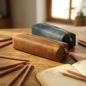 Simple Top Layer Cowhide Zipper Durable Pencil Case Student Pencil <b>Box</b> <b>Large</b> Capacity Modern Stationery Bag Welcome <b>Gifts</b> - Product Image 2