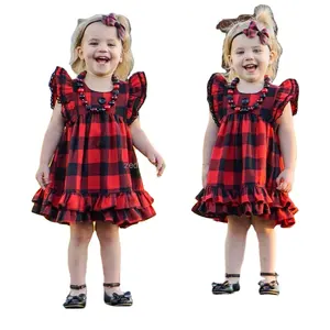 Säugling Baby Weihnachten Baumwolle Rüschen Kleid Mode Kleinkind Mädchen Büffel Plaid Party Kleid Festival Fransen Kleid