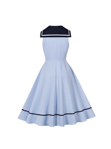 Abito da <span class=keywords><strong>Donna</strong></span> Blu <span class=keywords><strong>Navy</strong></span> Senza Maniche con Colletto alla Marinara e Fiocco Rosso, <span class=keywords><strong>Stile</strong></span> Vintage, Vestito Midi con Nastro a Contrasto per Primavera Estate - Product Image 4