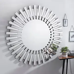 Starburst Silber stilvoller rechteckiger moderner zeitgemäßer Wohnzimmer-Mosaik und Fliesenspiegel kreisförmige Wand runder Spiegel