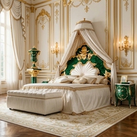 Lit double de style européen de luxe en bois massif baroque français sculpté avec table de toilette en cuir véritable, mobilier de maison
