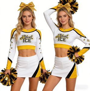 Uniformes <span class=keywords><strong>de</strong></span> Animadoras Atractivos en Blanco y Dorado con Lazo Brillante para Actuaciones Fotográficas - Product Image 1