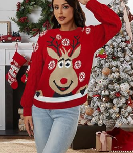 Pull de Noël moche pour femme 100 % coton, motif renne et flocon de neige tricoté, idéal pour les fêtes, motif personnalisé, haut décontracté doux - Product Image 4