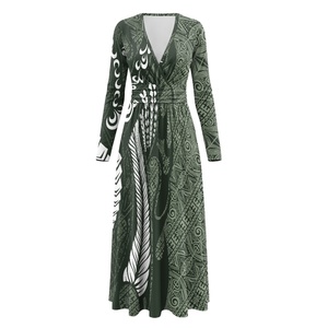 Vestidos Maxi Elegantes para Mujer con Estampado Tribal Polinesio Verde de Alta Calidad, Cintura Ajustada y Escote en V Sexy - Product Image 3