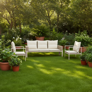 Ensemble de canapés de jardin en rotin beige avec structure en acier thermolaqué, taille standard, mobilier d'extérieur au design contemporain - Product Image 2