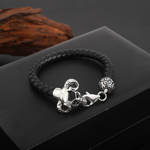 Skull Bracelet Leather Cord Braided Alloy <b>Bangle</b> Tibetan Silver Skeleton Design Gift Jewelry <b>for</b> <b>Men</b> Women - Product Image 1