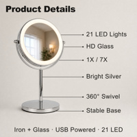 Cermin Rias Knurled Chrome dengan Batang Ekstensibel, Kaca HD LED 3 Warna 1X/3X, Putar 360°, Alas Stabil untuk Ruang Ganti