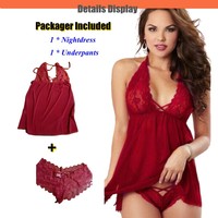 Ensemble de lingerie sexy pour femme, pyjama érotique, chemises de nuit en dentelle, robe transparente, dos nu, col halter, taille élastique, été