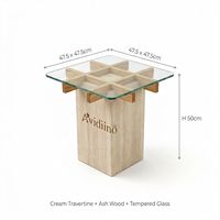 Table basse Side Rice White Cave Stone avec structure en bois de frêne et plateau en verre trempé, design moderne, meuble de salon durable