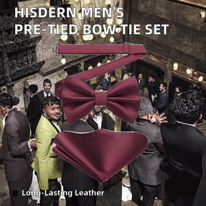 Set <span class=keywords><strong>di</strong></span> Papillon Pre-Annodato Regolabile in Pelle Resistente e Fazzoletto da Taschino Bordeaux per Uomo, Papillon da Smoking per Adulti - Product Image 2