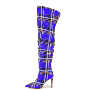 Big Size 45 Women Plaid Print Over Knee High <b>Boots</b> Pleated Upper Wide Fit Shoes Ladies Pointed Toe Thigh High Long Booties - Product Image 3