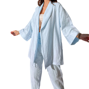 Vêtements personnalisés, chemisier pour femmes, crêpe de coton ivoire, manches longues, chemises et pantalons oversize, vêtements de mode pour ensembles de pyjamas - Product Image 4