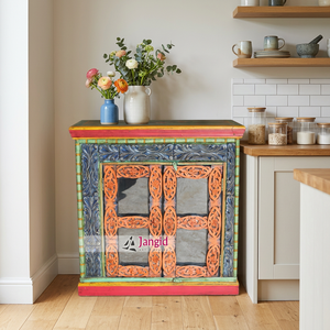 Armoire de rangement vintage en bois massif peinte à la main avec porte sculptée, meuble artisanal pour cuisine et salon - Product Image 3