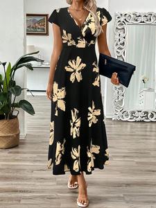 Vestido midi de verano para mujer con cuello en V, manga casquillo, estampado floral, cinturón y corte en A, estilo casual cruzado - Product Image 2