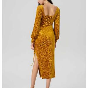 Vàng Nhung Ruched Side Slit Midi Dress Dài Tay Áo Cổ Vuông Mùa Đông Mùa Thu Nhung Ăn Mặc Cho Phụ Nữ - Product Image 2