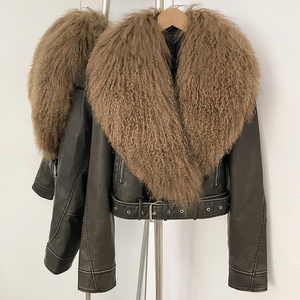 OFTBUY Manteau de luxe en fourrure naturelle de mouton de Mongolie pour <span class=keywords><strong>femme</strong></span>, veste courte en similicuir PU pour printemps-automne, style motard épais - Product Image 6