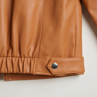 Veste en peau de mouton pour femme, couleur caramel, col raglan, fermeture éclair, ourlet élastique avec cordon de serrage, coupe ample, courte, décontractée, en cuir