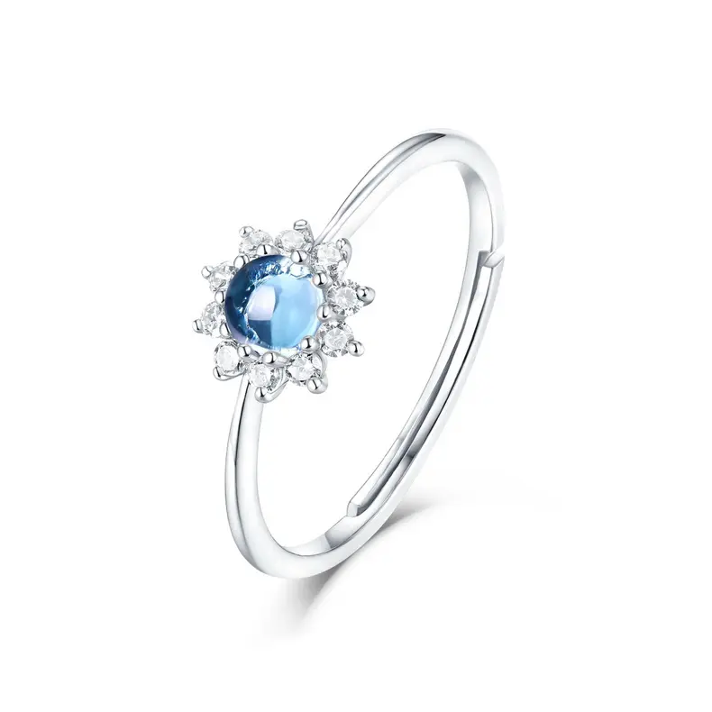 ดอกไม้รอบโอปอล/ สีฟ้าบุษราคัมแหวนสำหรับผู้หญิง925เงินสเตอร์ลิงแต่งงานแหวนหมั้นเพทายเครื่องประดับ
