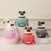 Bonitas botellas de agua para niños con forma de animal, diseño de Panda y conejo a prueba de fugas con correa para el hombro, vasos de plástico